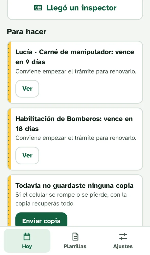 Pantalla de inicio con avisos de carné y habilitación por vencer
