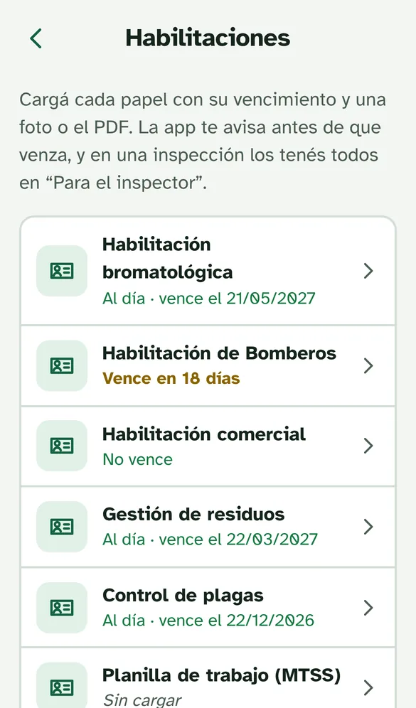 Pantalla Habilitaciones con el estado de cada documento