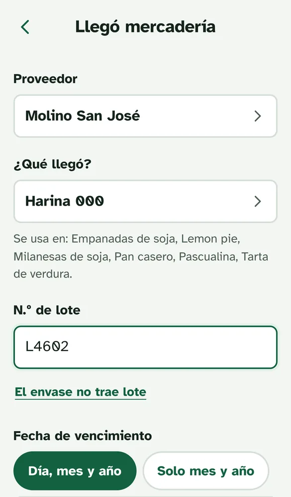 Pantalla Llegó mercadería con proveedor, materia prima y lote