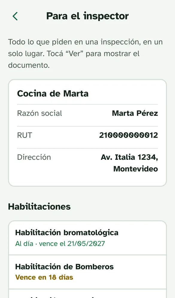 Pantalla Para el inspector con los datos del negocio y las habilitaciones