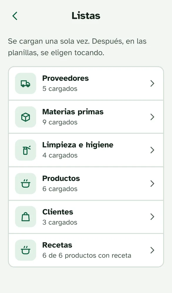 Pantalla Listas: proveedores, materias primas, limpieza, productos, clientes y recetas