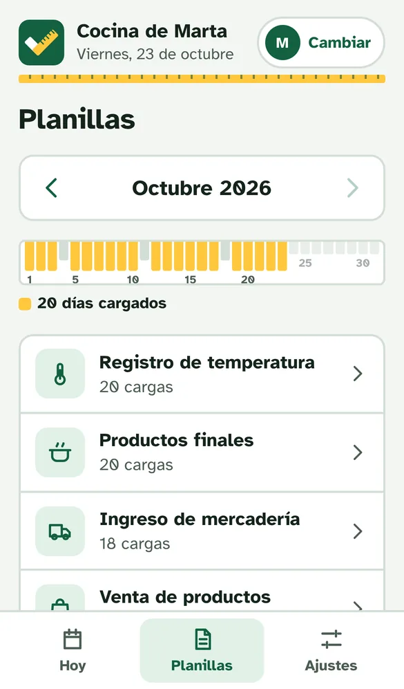 Pantalla Planillas con los días cargados del mes y las cinco planillas