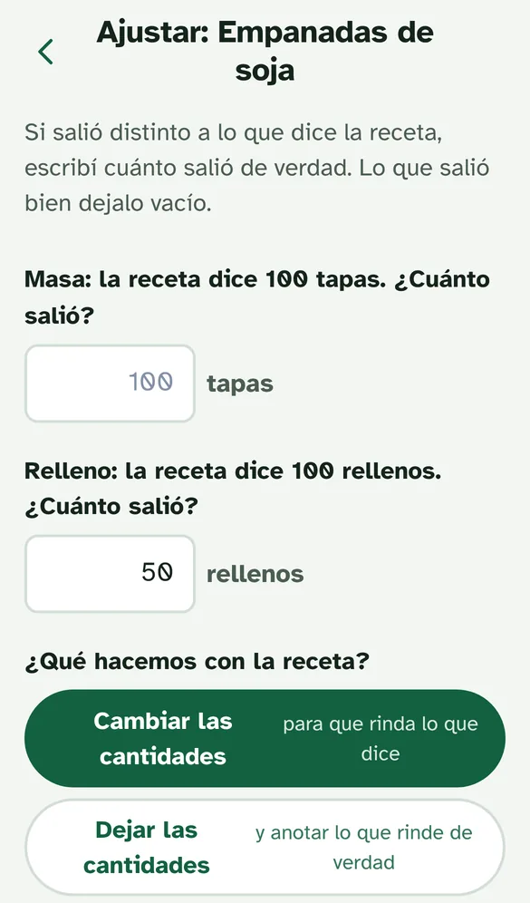 Pantalla Ajustar receta: el relleno dio 50 y la app calcula el doble de cada ingrediente