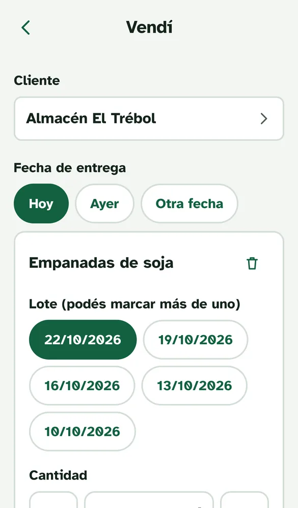 Pantalla Vendí con el cliente, el producto y los lotes sugeridos